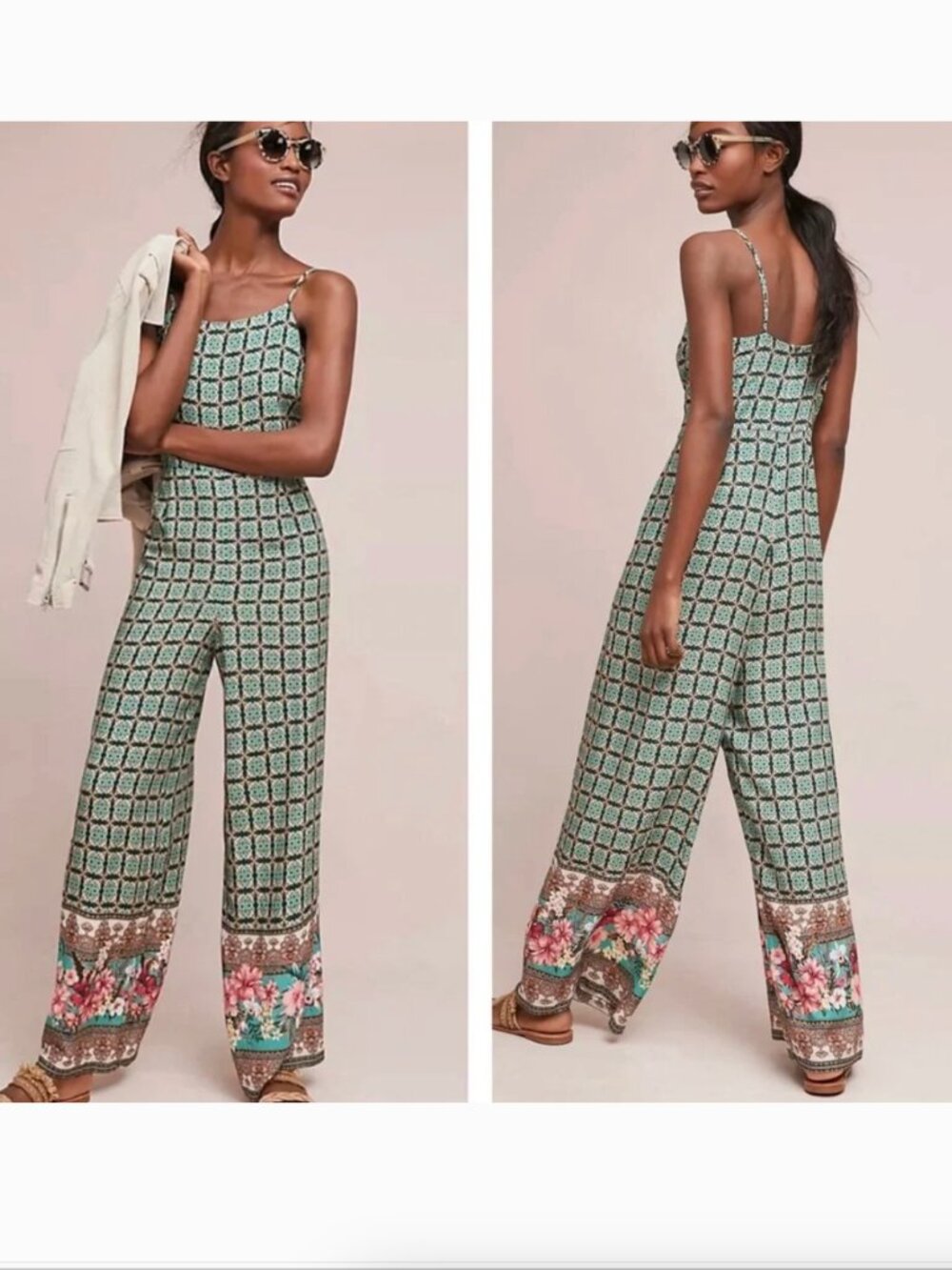Farm Rio Honolulu Jumpsuit Wide‎ Leg Floral Border Sleeveless